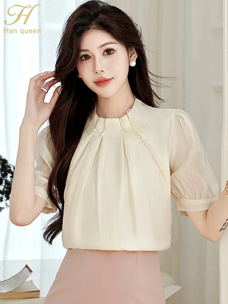 H Han Queen Summer Nail Bead Basic Shirt & Blouse Vintage Tops Chiffon Puff Sleeve Casual Blouses Korean Style Women's Clothing
H Han Queen Summer Nail Bead Basic Shirt & Blouse Vintage Tops Chiffon Puff Sleeve Casual Blouses Korean Style Women's Clothing