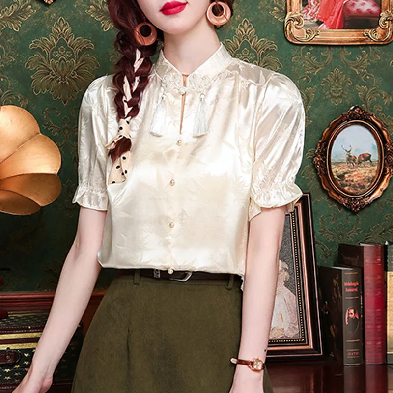 Women Shirt Blouse Short Sleeve Beading Tassel Shirt Blouse Women Tops New Summer Stand Collar Jacquard Camisas De Mujer Q4082
Women Shirt Blouse Short Sleeve Beading Tassel Shirt Blouse Women Tops New Summer Stand Collar Jacquard Camisas De Mujer Q4082