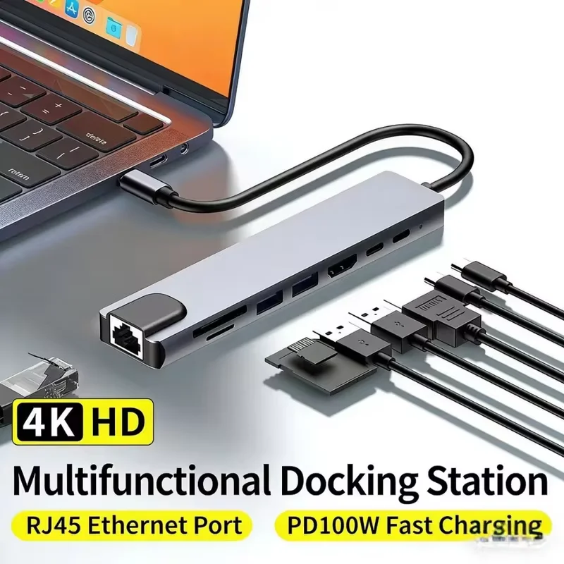 USB C 8 In 1 Hub Adapter for Macbook PC PD Charge 8 Ports Dock Station RJ45 HDMI-Compatible TF/SD Card Laptop Type-C Splitter
USB C 8 In 1 Hub Adapter for Macbook PC PD Charge 8 Ports Dock Station RJ45 HDMI-Compatible TF/SD Card Laptop Type-C Splitter