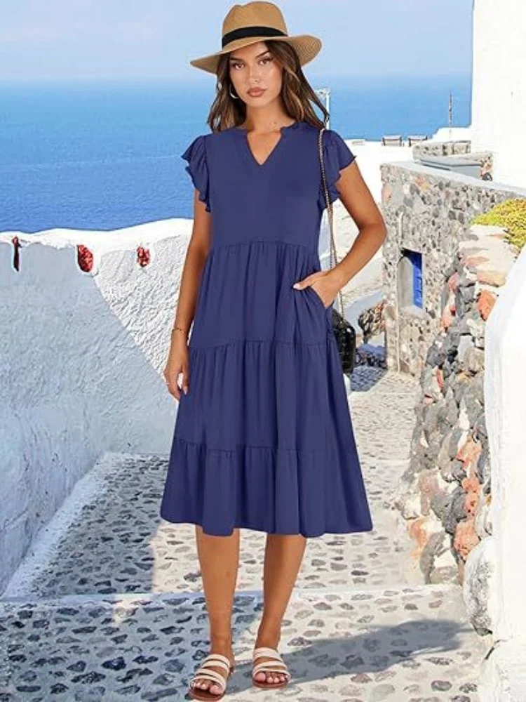 Women's Summer Dress Ruffle Sleeve Mid Length Spliced Large Swing Pocket Dresses Ladies
Women's Summer Dress Ruffle Sleeve Mid Length Spliced Large Swing Pocket Dresses Ladies