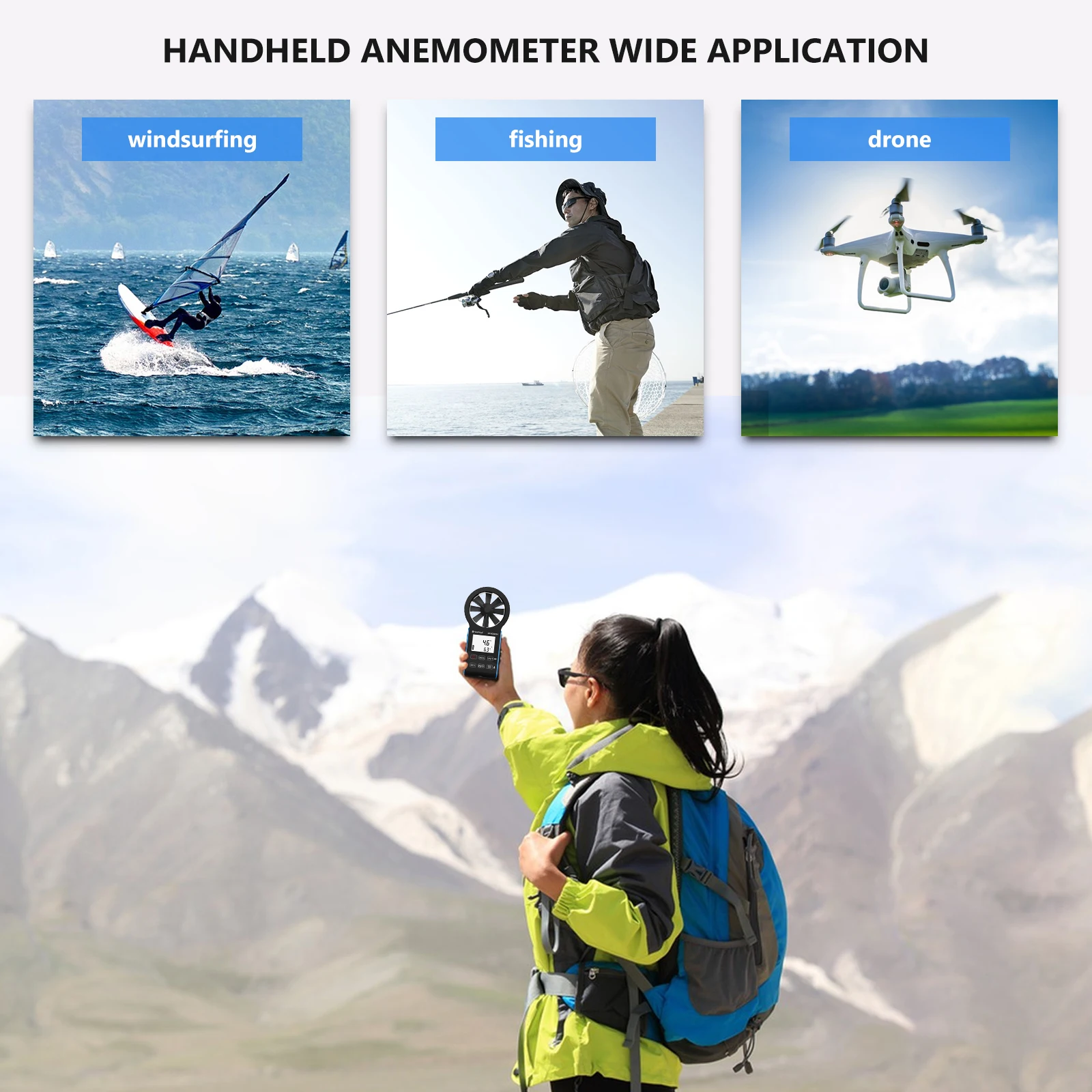HoldPeak Anemometer Digital Wind Speed Meter Anti-Interference Touch Button Airflow Temp Tester For HVAC Weather Measure