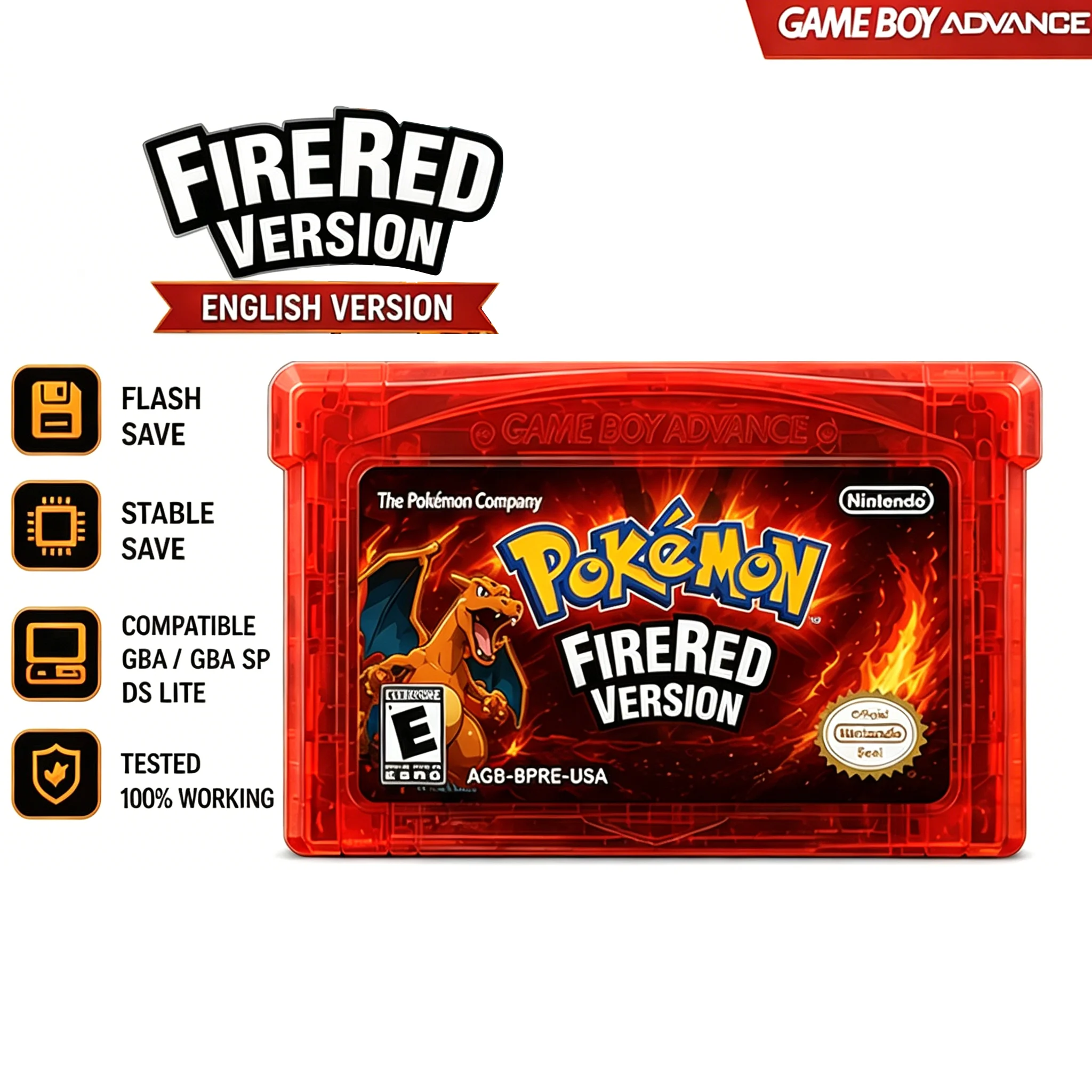 Pokemon FireRed Version GBA Game Cartridge English Version Flash Save Transparent Red Shell for GBASP NDS Lite
Pokemon FireRed Version GBA Game Cartridge English Version Flash Save Transparent Red Shell for GBASP NDS Lite