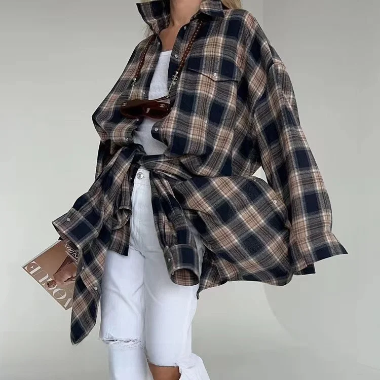Retro Plaid Loose Fit Shirt Long Sleeve Women's Premium Fashion Checkered Button up Mid-Length Casual Shirt
Retro Plaid Loose Fit Shirt Long Sleeve Women's Premium Fashion Checkered Button up Mid-Length Casual Shirt