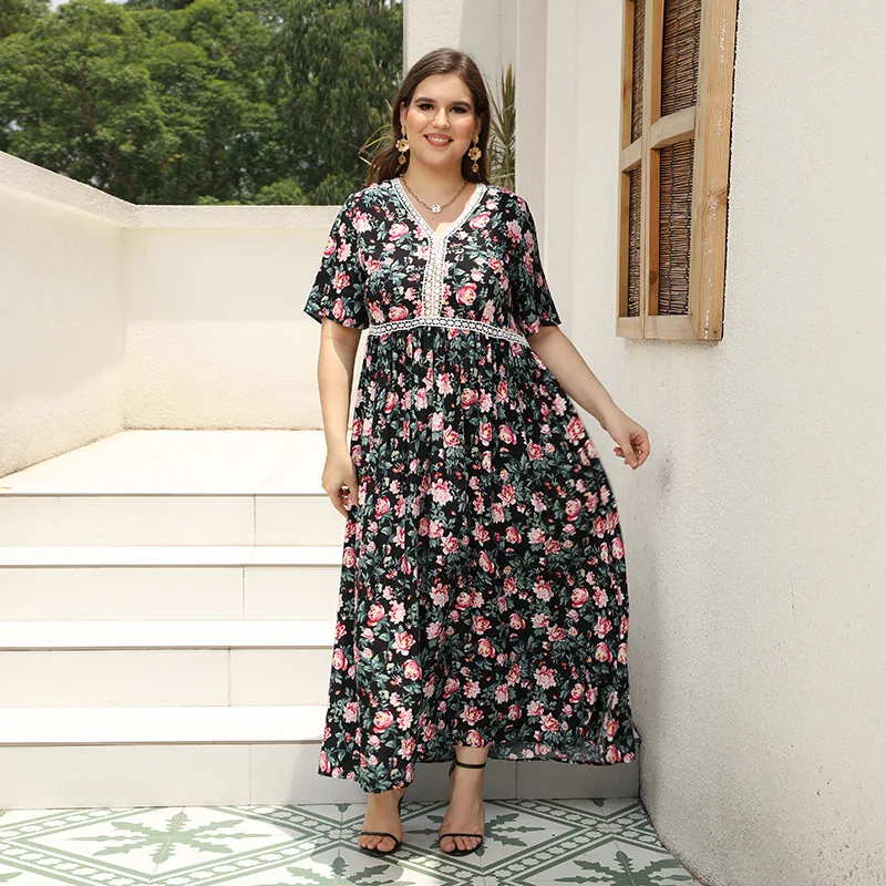 Large size v-neck printed dress lace splicing loose color long dress beach vacation beach dress high-end temperament elegant cla
Large size v-neck printed dress lace splicing loose color long dress beach vacation beach dress high-end temperament elegant cla