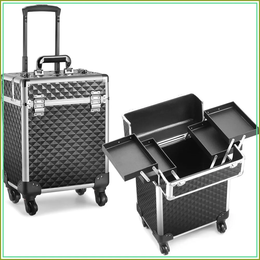 Rolling Makeup Train Case Large Cosmetic Trolley Organized Aluminum Barber Case for Hairstylist Salon with Keys Swivel Wheels Traveling Cart Trunk - Black
Rolling Makeup Train Case Large Cosmetic Trolley Organized Aluminum Barber Case for Hairstylist Salon with Keys Swivel Wheels Traveling Cart Trunk - Black