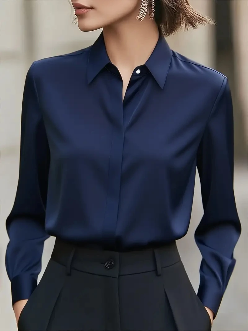 Women's Classic White Long Sleeve Satin Shirt - Elegant Collared Blouse for Office & Business Casual Wear
Women's Classic White Long Sleeve Satin Shirt - Elegant Collared Blouse for Office & Business Casual Wear