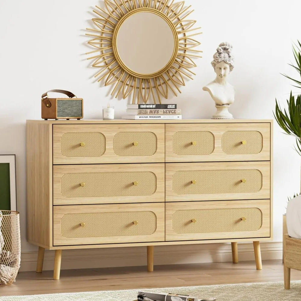 6 Drawer Rattan Dresser for Bedroom, Modern Double Dresser with Gold Handles, Wood Storage Chest of Drawers for Bedroom
6 Drawer Rattan Dresser for Bedroom, Modern Double Dresser with Gold Handles, Wood Storage Chest of Drawers for Bedroom