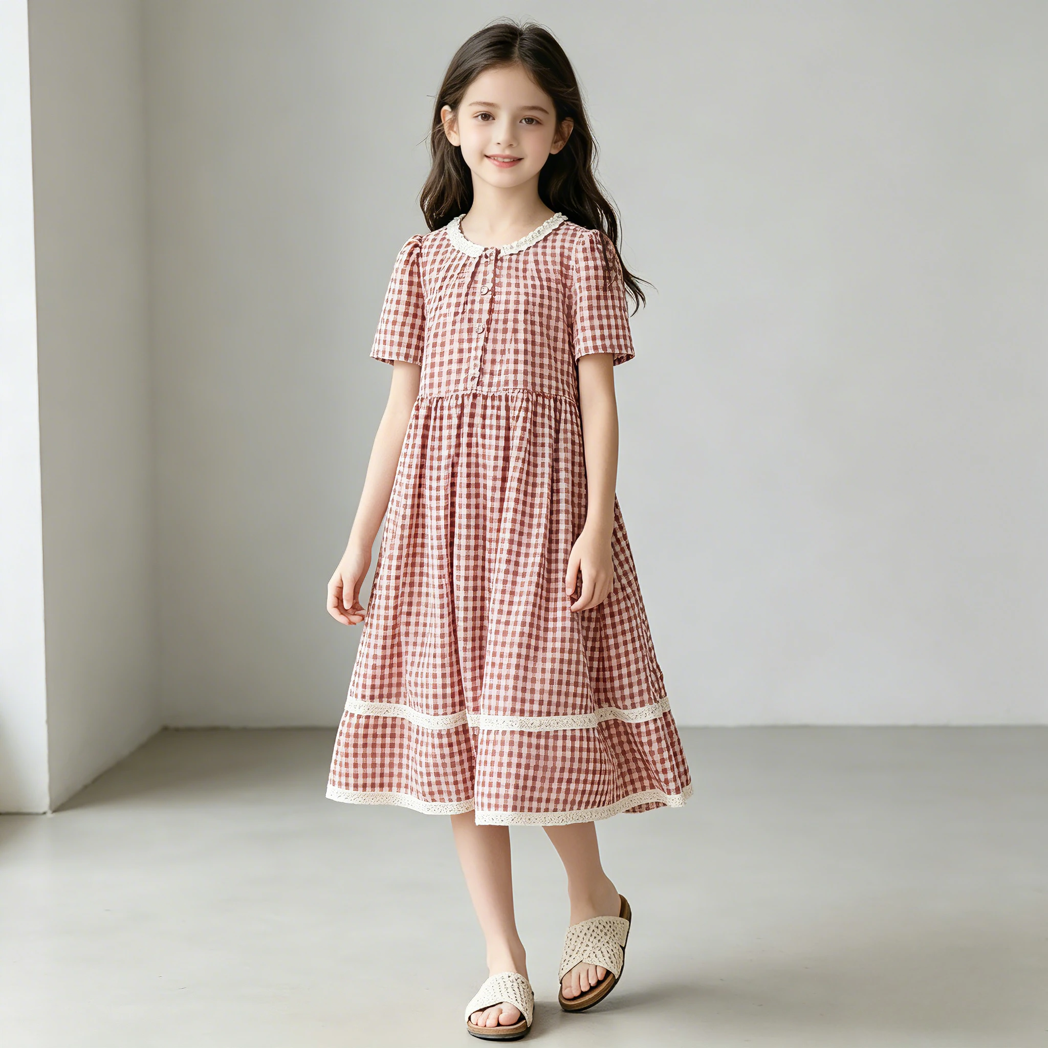 Girls Gingham Check Midi Dress Lace Trim Short Sleeve A-Line Sundress for School Party Wedding Photoshoot Graduation Daily Wear
Girls Gingham Check Midi Dress Lace Trim Short Sleeve A-Line Sundress for School Party Wedding Photoshoot Graduation Daily Wear