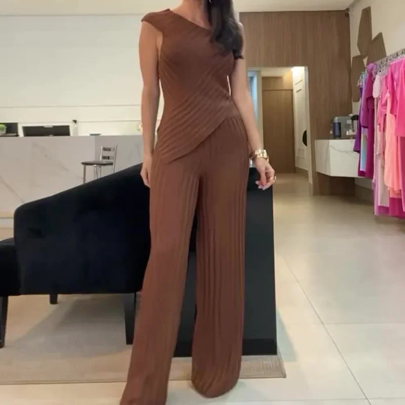 Women Two Piece Sets Pant Set Y2k Streetwear Sleeveless Tops Wide Leg Long Pants Matching Sets Casual Knitted Office Ladies 2025
Women Two Piece Sets Pant Set Y2k Streetwear Sleeveless Tops Wide Leg Long Pants Matching Sets Casual Knitted Office Ladies 2025