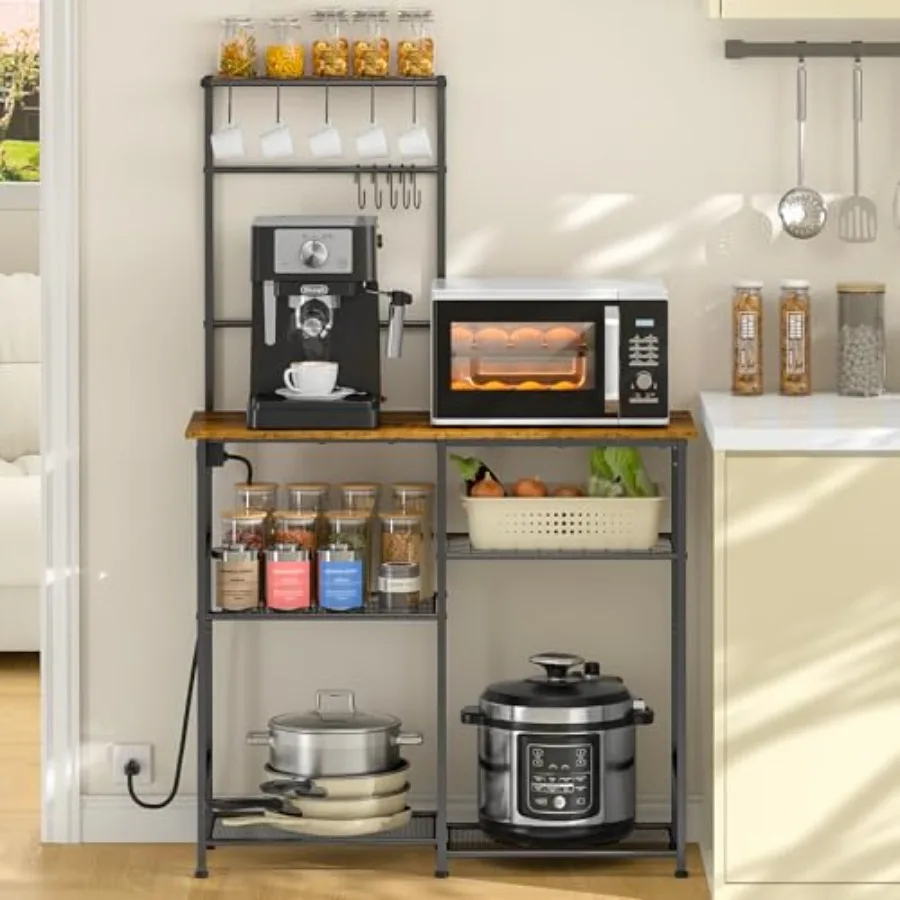 Bakers Rack with Power Outlet, Kitchen Microwave Stand with 10 S-shaped Hooks, 6-Tier Coffee Bar Station, Kitchen Storage Shelf
Bakers Rack with Power Outlet, Kitchen Microwave Stand with 10 S-shaped Hooks, 6-Tier Coffee Bar Station, Kitchen Storage Shelf