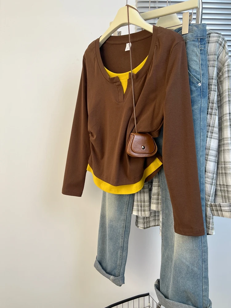 Корейская женская футболка из чистого хлопка с длинным рукавом, утягивающий топ больших размеров для полных женщин, имитация двухслойности, весенняя новинка
Корейская женская футболка из чистого хлопка с длинным рукавом, утягивающий топ больших размеров для полных женщин, имитация двухслойности, весенняя новинка