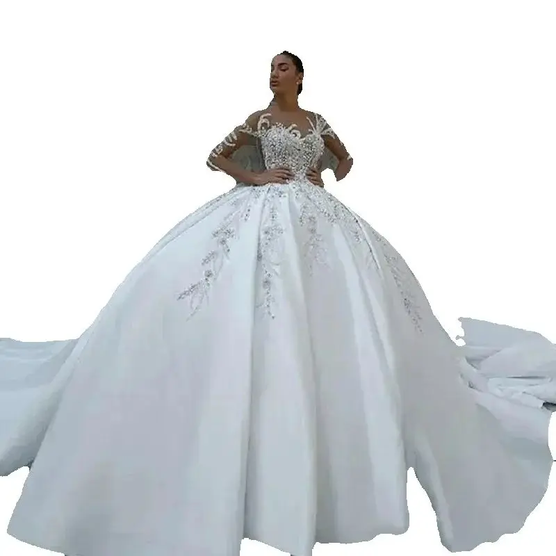 Customized Scoop Beaded Appliques Long Sleeves Wedding Dress Chapel Train Ballgown Robe De Mariée Arabic Wedding Gown
Customized Scoop Beaded Appliques Long Sleeves Wedding Dress Chapel Train Ballgown Robe De Mariée Arabic Wedding Gown