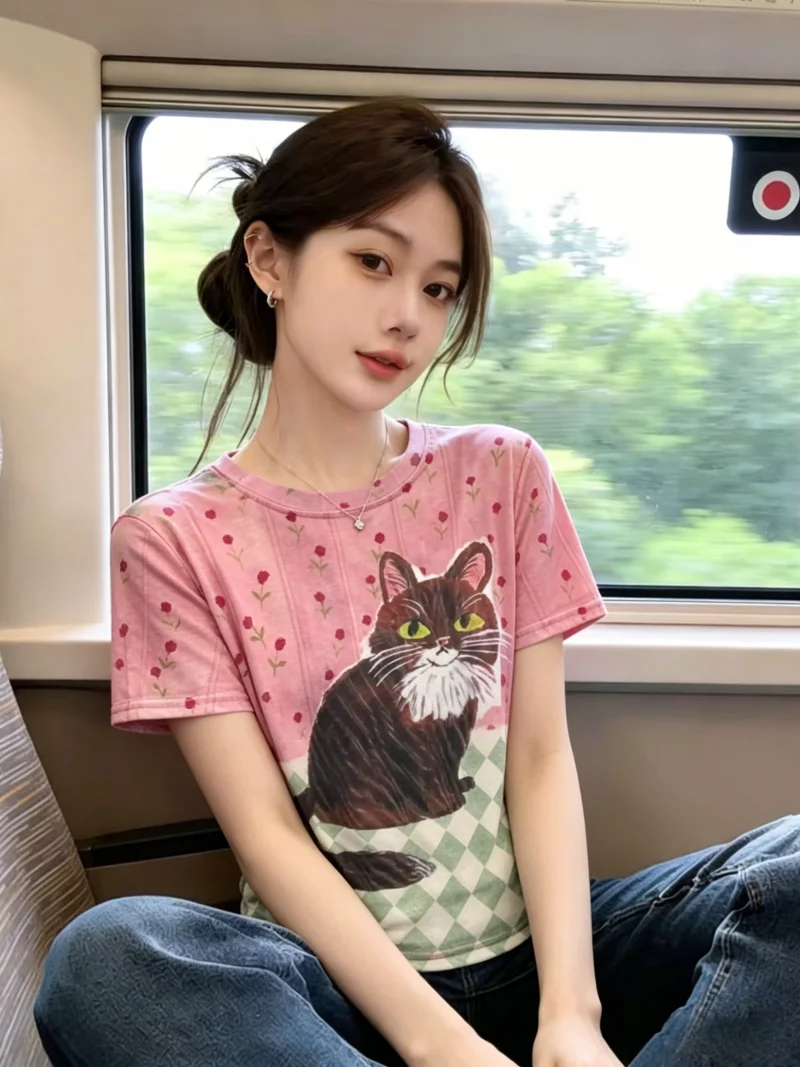 Cute Print Short Sleeve Mesh T-Shirt Women's Summer New Style Sweet Slimming Thin Top Korean Version Straight Cut Silk
Cute Print Short Sleeve Mesh T-Shirt Women's Summer New Style Sweet Slimming Thin Top Korean Version Straight Cut Silk
