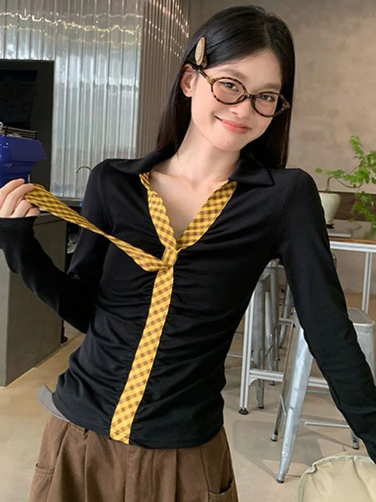 Slim V Neck Y2k Black T Shirt Women Vintage Long Sleeve Tie Patchwork Tees Korean Casual Female Retro Spring Fall Sexy Tops New
Slim V Neck Y2k Black T Shirt Women Vintage Long Sleeve Tie Patchwork Tees Korean Casual Female Retro Spring Fall Sexy Tops New