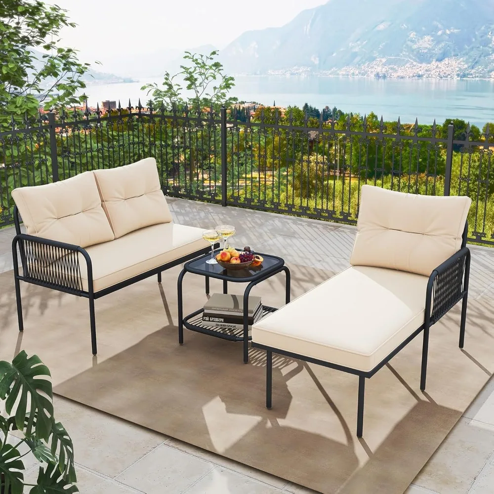 3-Piece L Shaped Patio Furniture Set, PE Rattan Sectional Sofas with Tempered Glass Table, Back and Seat Cushions, Customized
3-Piece L Shaped Patio Furniture Set, PE Rattan Sectional Sofas with Tempered Glass Table, Back and Seat Cushions, Customized