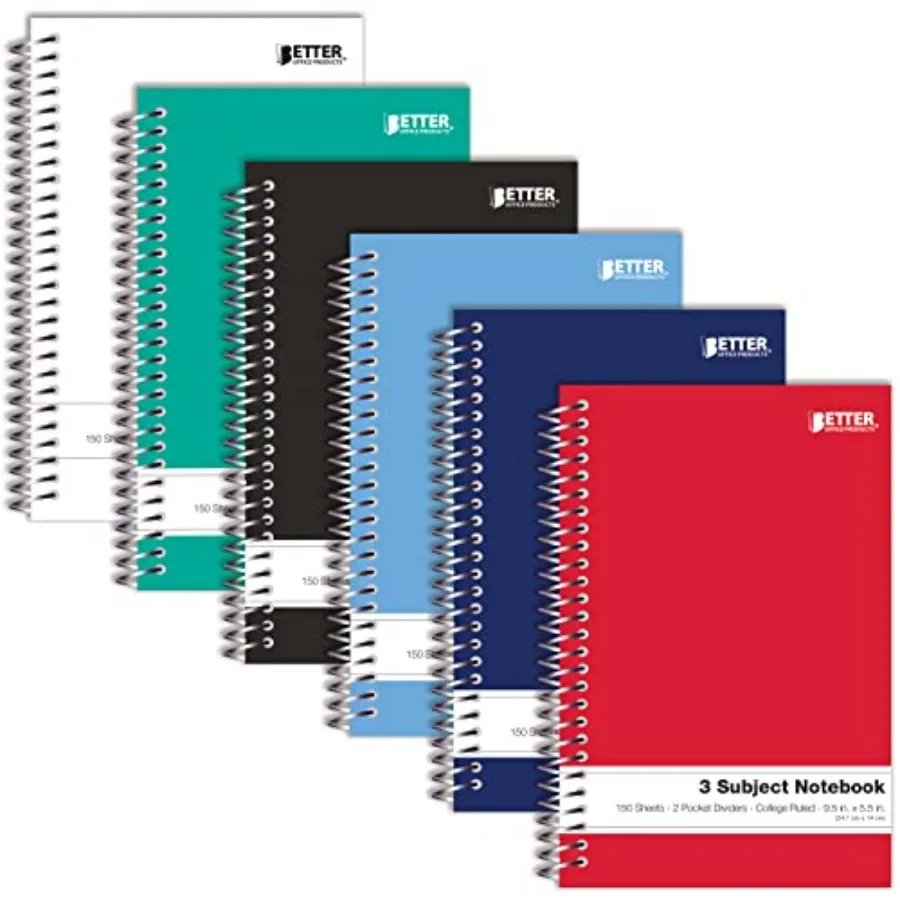 3 Subject Spiral Notebooks, 9.5 x 5.5 inch, 6 Pack, 150 Sheet Notebook with 2 Double-Sided Pocket Dividers, Assorted Solid Colo
3 Subject Spiral Notebooks, 9.5 x 5.5 inch, 6 Pack, 150 Sheet Notebook with 2 Double-Sided Pocket Dividers, Assorted Solid Colo