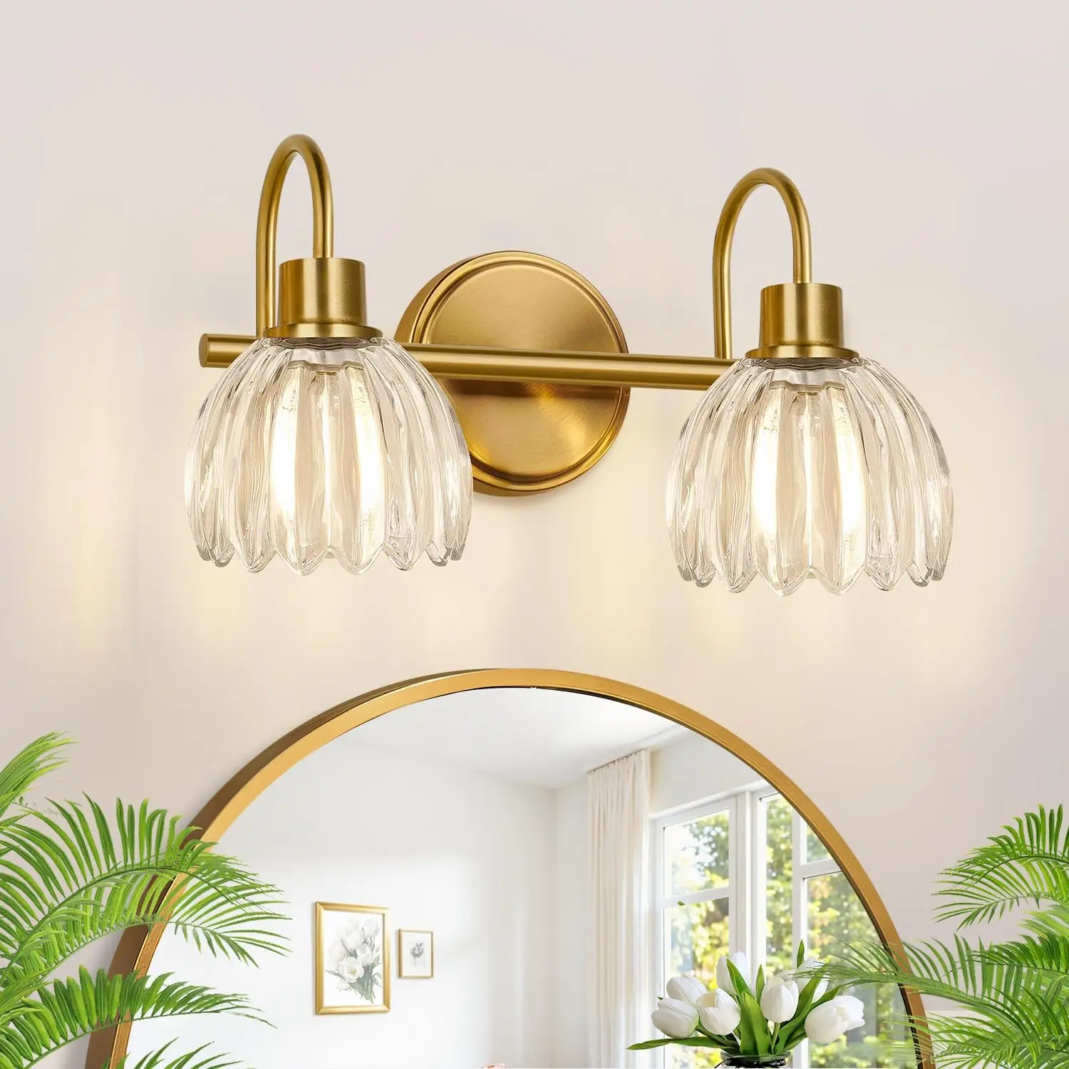 Brushed Gold 2-Light Vanity Light, 15 in, Clear Tulip Glass Shade for Bathroom Mirror
Brushed Gold 2-Light Vanity Light, 15 in, Clear Tulip Glass Shade for Bathroom Mirror
