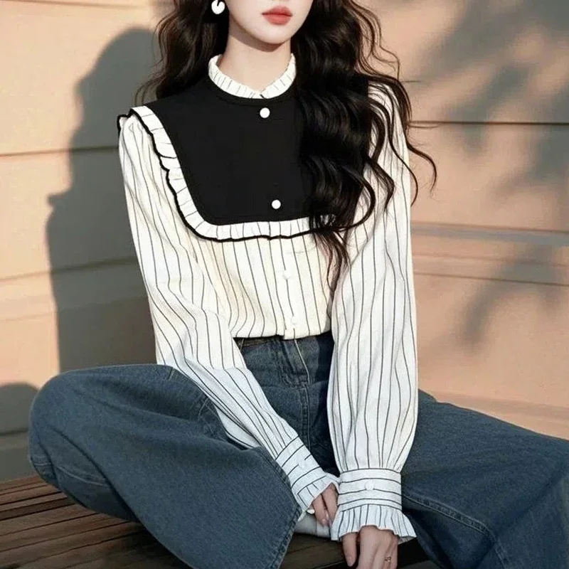 Ruffled Women's Blouses Stripe Korean Shirts Vintage Loose Spring/Summer O-neck Clothing Patchwork Long Sleeve Women Tops
Ruffled Women's Blouses Stripe Korean Shirts Vintage Loose Spring/Summer O-neck Clothing Patchwork Long Sleeve Women Tops