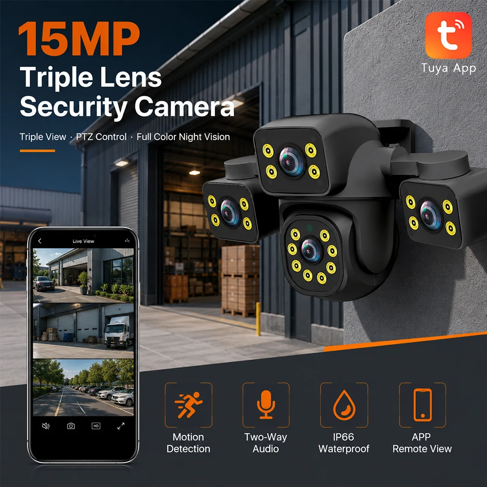 Outdoor Tuya PTZ Security Camera 15MP Triple Lens Triple Screen View Cloud TF Storage 2 Way Audio IP66 Camera For Driveway Porch
Outdoor Tuya PTZ Security Camera 15MP Triple Lens Triple Screen View Cloud TF Storage 2 Way Audio IP66 Camera For Driveway Porch