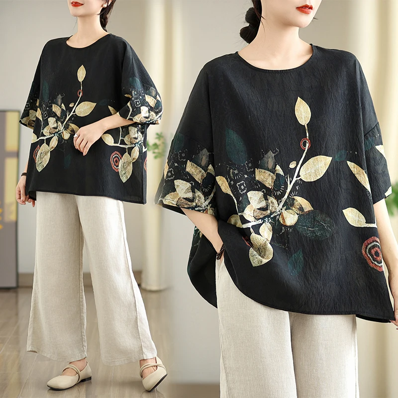 Retro Cotton Linen Base Shirt Summer New Style Slimming Printed Top Women's Fashion plus Size T-shirt round Neck Long Sleeve
Retro Cotton Linen Base Shirt Summer New Style Slimming Printed Top Women's Fashion plus Size T-shirt round Neck Long Sleeve