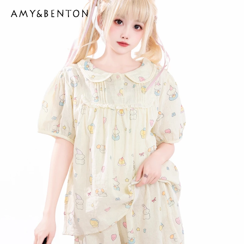Original New 2025 Summer Women's Pure Cotton Gauze Pajamas Cartoon Print Sweet And Cute Loungewear Sleep Tops Kawaii Suit Ladies
Original New 2025 Summer Women's Pure Cotton Gauze Pajamas Cartoon Print Sweet And Cute Loungewear Sleep Tops Kawaii Suit Ladies