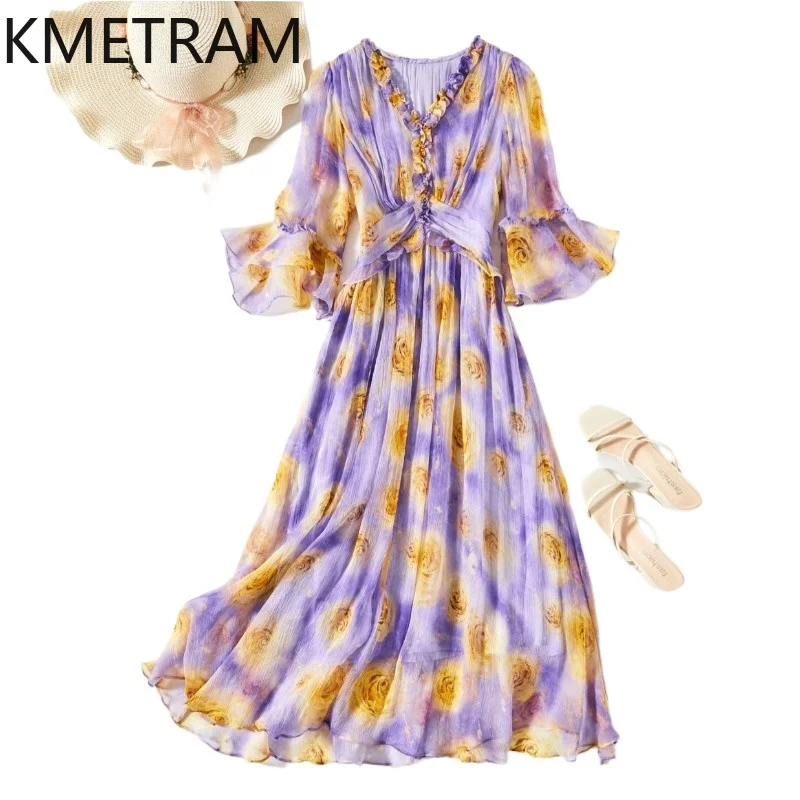 KMETRAM 100% Real Mulberry Silk Dresses for Woman Elegant Purple Floral Long Dress V Neck Summer Frocks 2026 Women Clothes فستان
KMETRAM 100% Real Mulberry Silk Dresses for Woman Elegant Purple Floral Long Dress V Neck Summer Frocks 2026 Women Clothes فستان