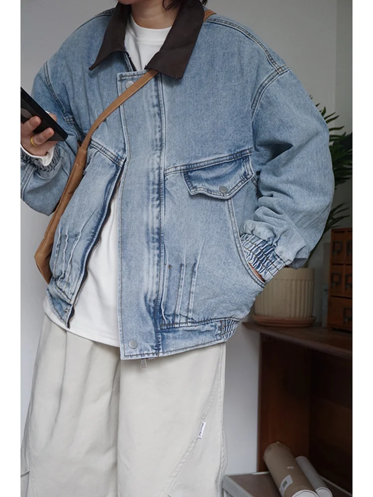 Retro Japanese Sle Patchwork Leather Collar Waed Denim Jaet Loose Casual Spring Autumn ex Outerwear Top
Retro Japanese Sle Patchwork Leather Collar Waed Denim Jaet Loose Casual Spring Autumn ex Outerwear Top
