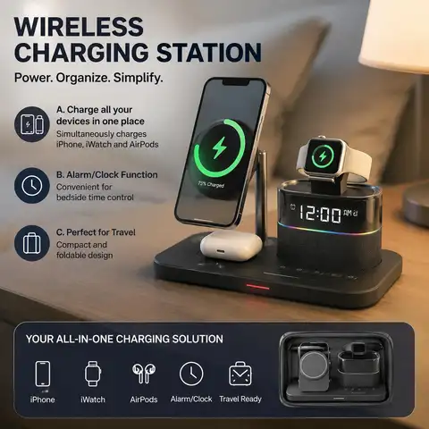 Magnetic Wireless Charging Station for Phone Series 12 13 14 15 16 17 and Watch Ultra 8 7 6 5 Earbuds Charger Stand Multi Device Charging Pad for Desk Home Office Travel Supports Fast 15W Charging for Phones and 5W for Wearables and 360 Degree Desk Stand