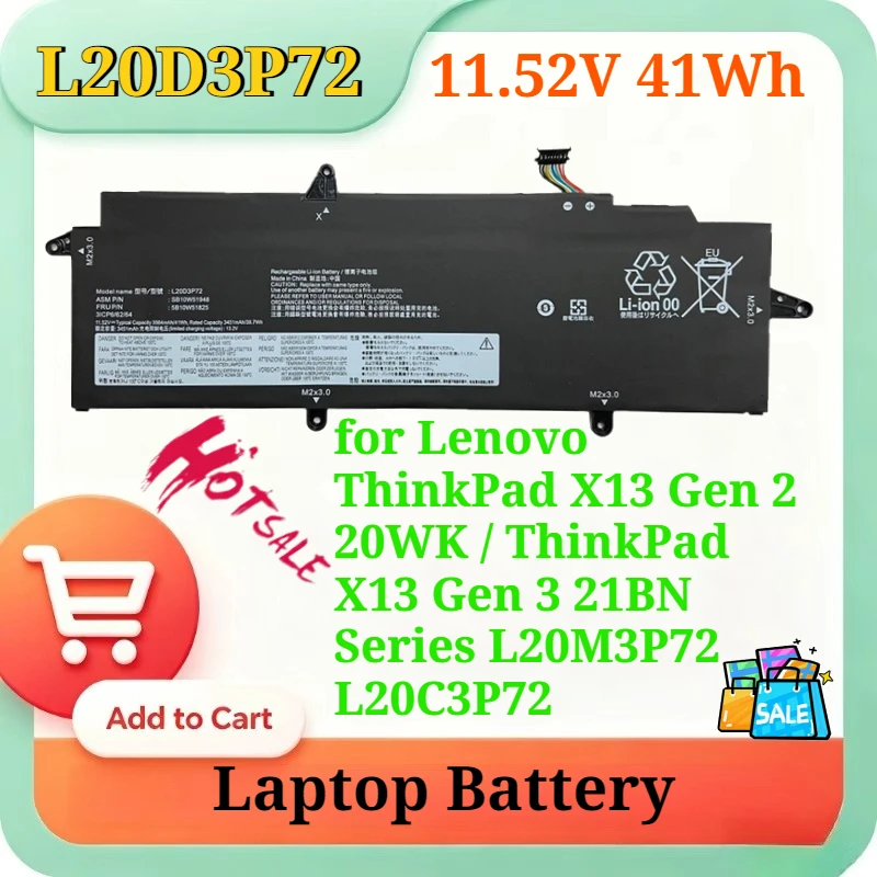 Аккумулятор для ноутбука 11.52V 41Wh L20D3P72 для Lenovo ThinkPad X13 Gen 2 20WK / ThinkPad X13 Gen 3 21BN Series L20M3P72 L20C3P72
Аккумулятор для ноутбука 11.52V 41Wh L20D3P72 для Lenovo ThinkPad X13 Gen 2 20WK / ThinkPad X13 Gen 3 21BN Series L20M3P72 L20C3P72