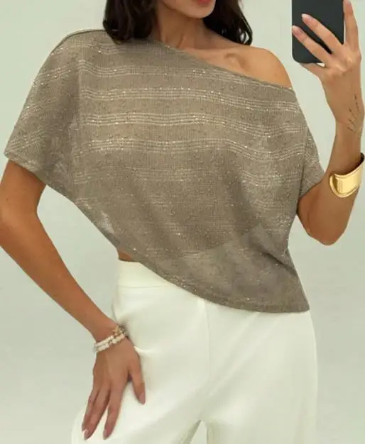Sexy See Through Top 2025 Summer Loose T-Shirt Slanted Shoulders Short Sleeves Sequins Semi Transparent Pullover Top for Women
Sexy See Through Top 2025 Summer Loose T-Shirt Slanted Shoulders Short Sleeves Sequins Semi Transparent Pullover Top for Women