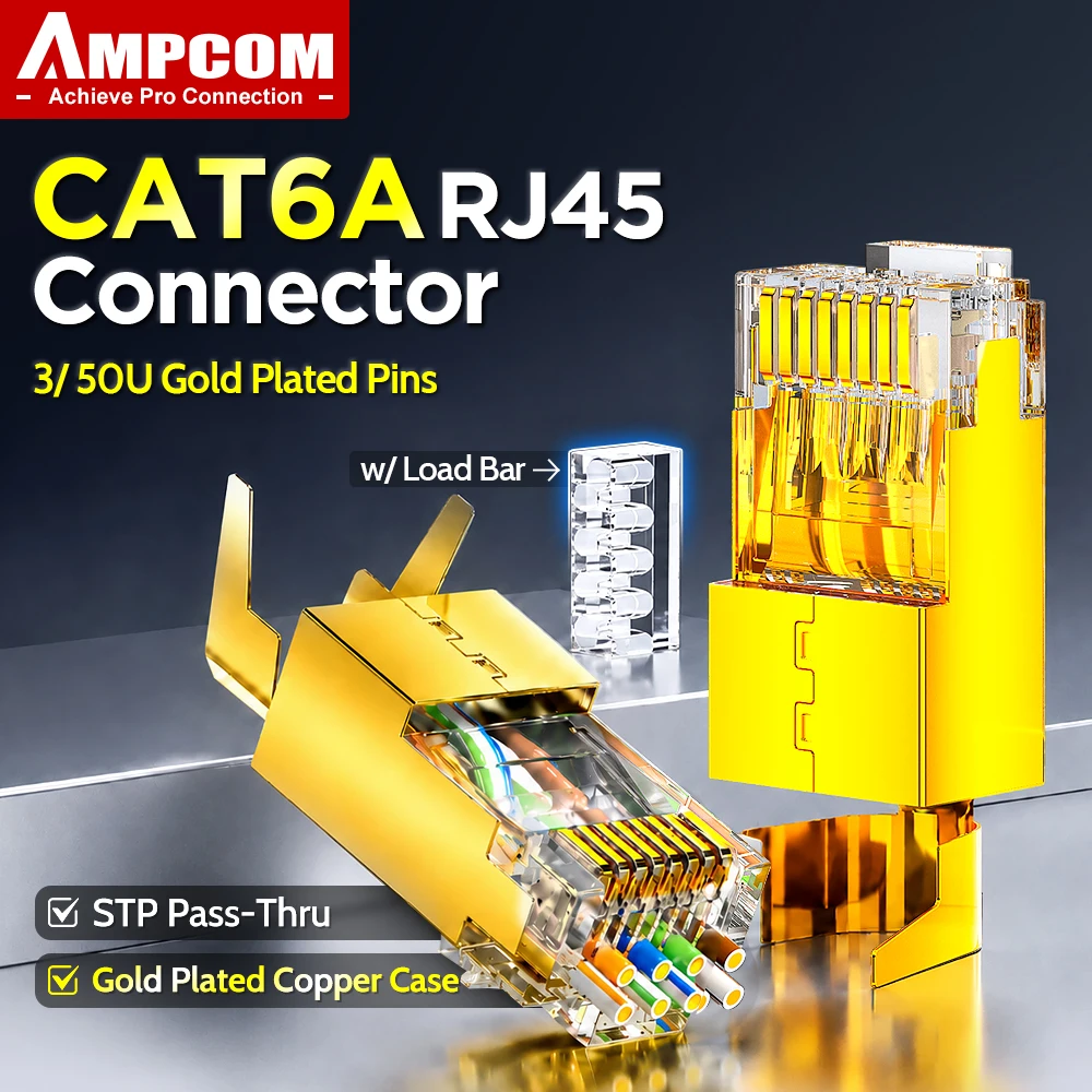 AMPCOM CAT6A Pass Through RJ45 Plug Shielded w/Load Bar Gold-Plated Copper Shell, Gold Plated OD 1.5mm (22-26AWG), 6/10-Pack
AMPCOM CAT6A Pass Through RJ45 Plug Shielded w/Load Bar Gold-Plated Copper Shell, Gold Plated OD 1.5mm (22-26AWG), 6/10-Pack