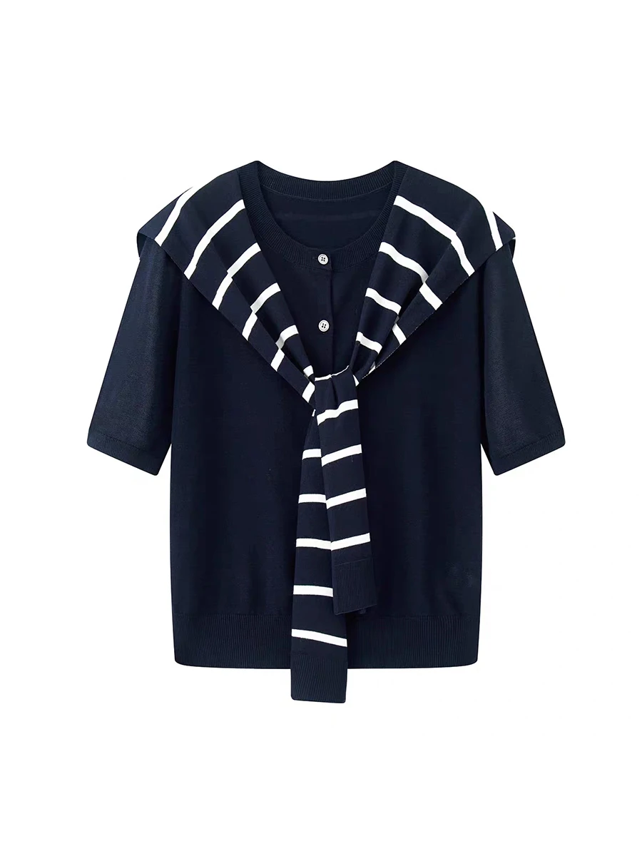 Fashionable Striped Shoulder Wrap Short Sleeve Knitted Top Loose Fit round Neck Regular Length Button up Women's Autumn 2025
Fashionable Striped Shoulder Wrap Short Sleeve Knitted Top Loose Fit round Neck Regular Length Button up Women's Autumn 2025