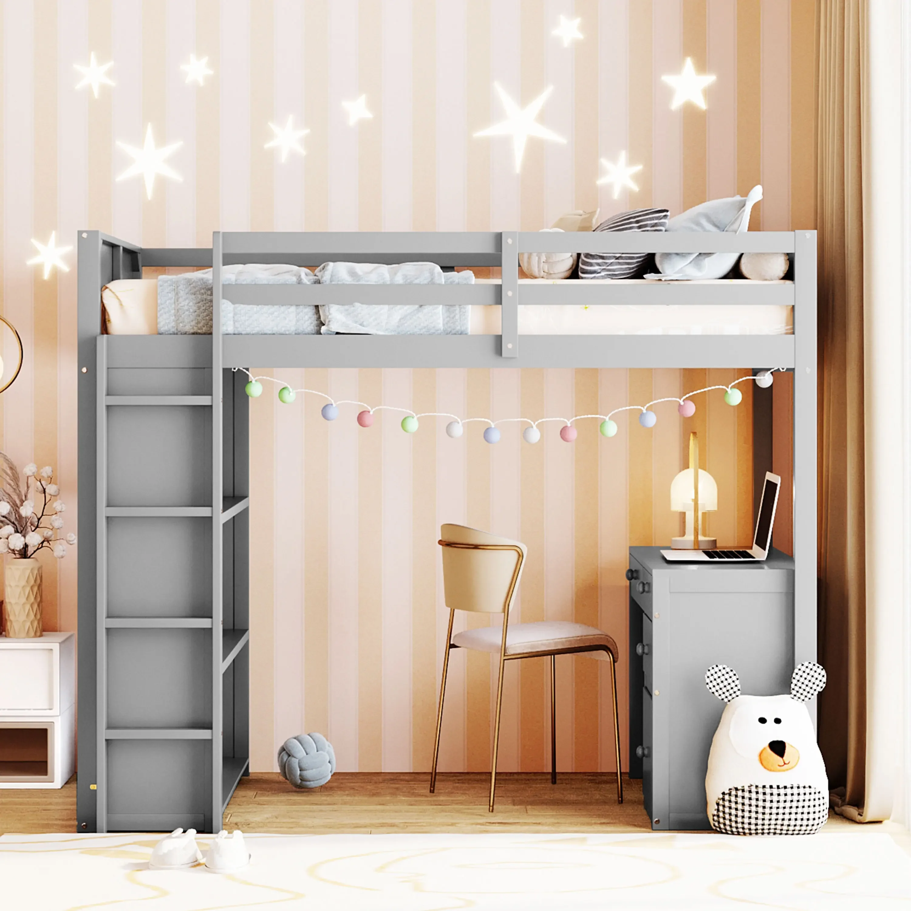 Twin Size Loft Bed with Ladder, Shelves, and Desk, Equipped with guardrails, Children's bed,large storage space, twin bed frame
Twin Size Loft Bed with Ladder, Shelves, and Desk, Equipped with guardrails, Children's bed,large storage space, twin bed frame