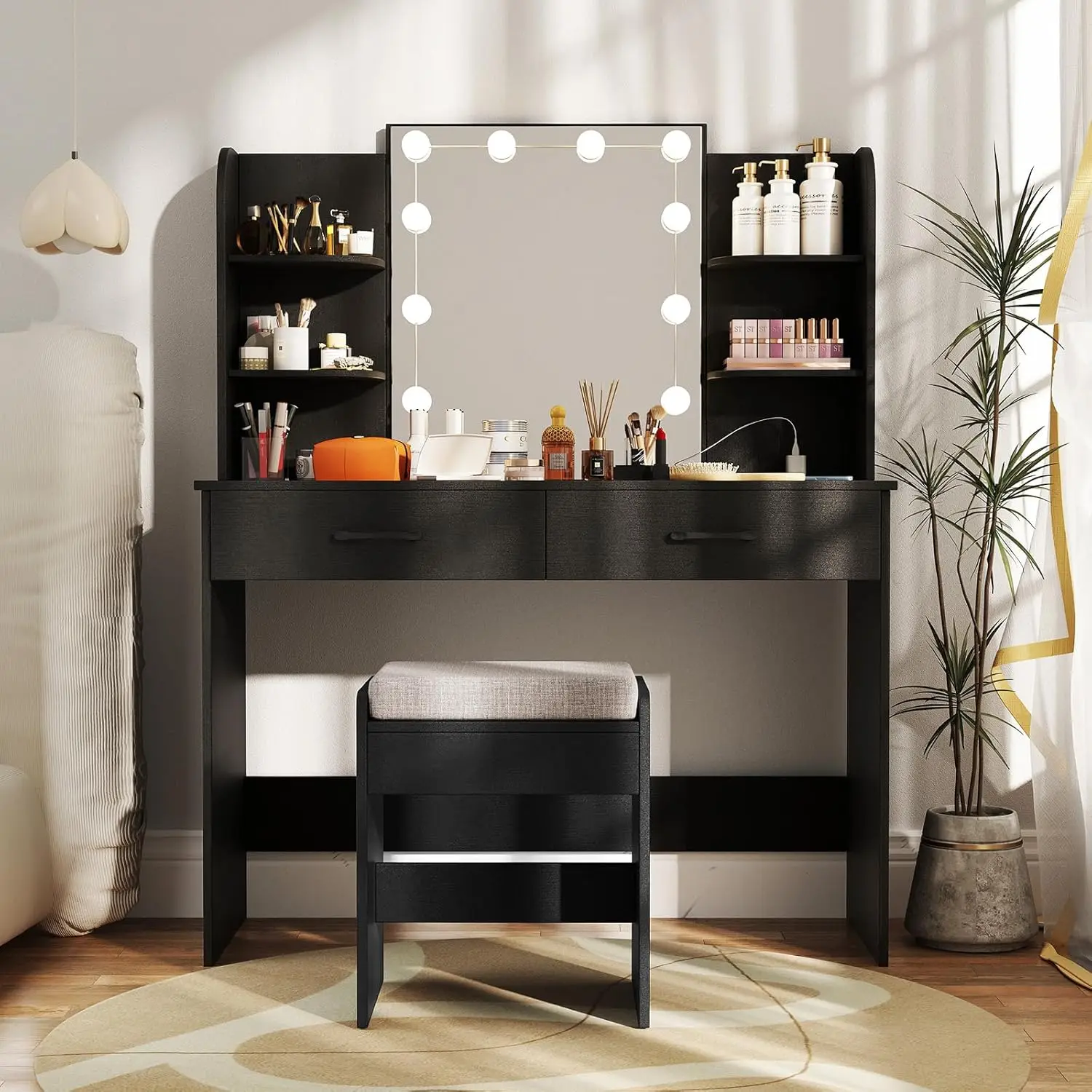 #Black Makeup Vanity Desk Set with Lights Charging Station Open Shelves Lighting for Bedroom
#Black Makeup Vanity Desk Set with Lights Charging Station Open Shelves Lighting for Bedroom