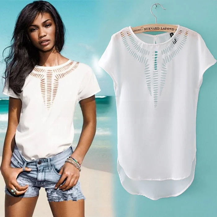 Sweet Style Women's Summer Chiffon Blouse Hollow Carved Design Short Sleeve round Neck Girls T-Shirt Polyester Fiber Straight...
Sweet Style Women's Summer Chiffon Blouse Hollow Carved Design Short Sleeve round Neck Girls T-Shirt Polyester Fiber Straight...