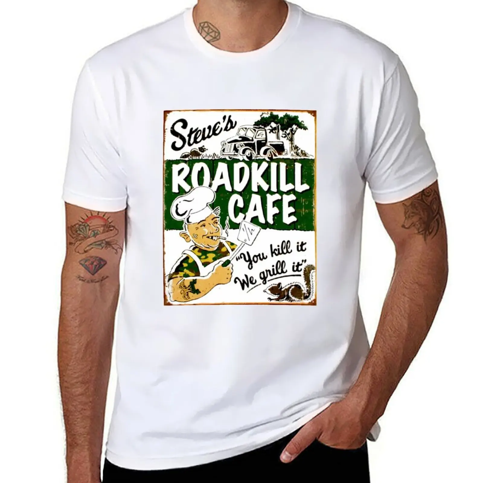 STEVES ROADKILL CAFE Vintage Advertising Restaurant Print T-Shirt t shirt man luxury T-Shirt
STEVES ROADKILL CAFE Vintage Advertising Restaurant Print T-Shirt t shirt man luxury T-Shirt