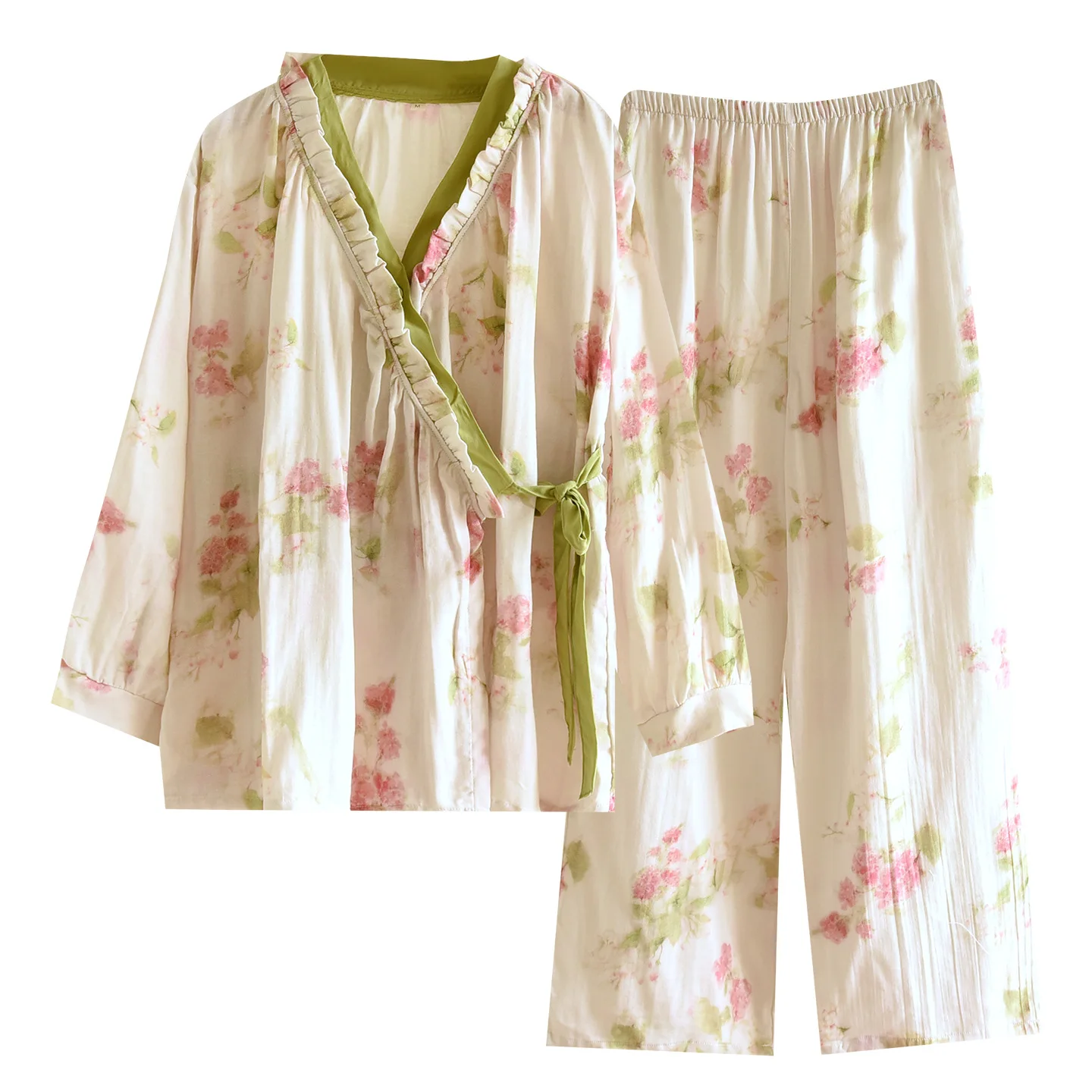 Women Japanese Kimono Pajama Set Floral Print Ruffle Trim Wrap Tie Side Long Sleeve 2PCS Cotton Gauze Home Wear Loungewear
Women Japanese Kimono Pajama Set Floral Print Ruffle Trim Wrap Tie Side Long Sleeve 2PCS Cotton Gauze Home Wear Loungewear