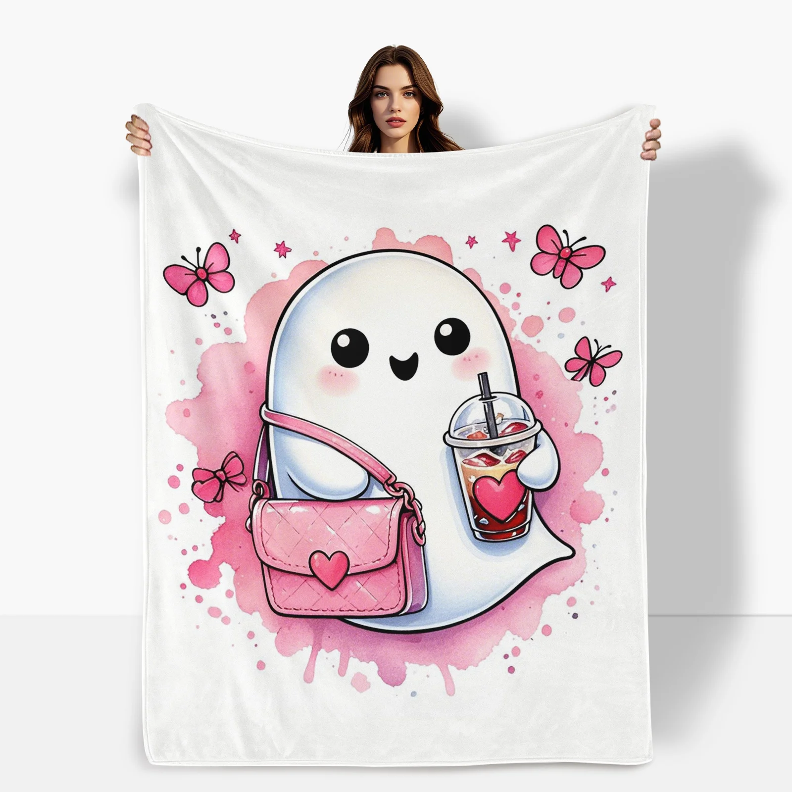 Pink Ghost Themed Blanket With Cute Bag And Milk Tea Design For Daughter Gift And Sweet Home Decor
Pink Ghost Themed Blanket With Cute Bag And Milk Tea Design For Daughter Gift And Sweet Home Decor