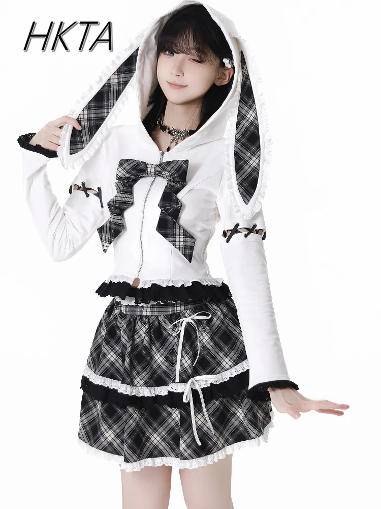 Lolita Sweet Cute Long Sleeve Hooded Top Cartoon Bow Women Spring Black White Plaid Cake Skirt Girl Coat Jacket Mini Skirt Sets
Lolita Sweet Cute Long Sleeve Hooded Top Cartoon Bow Women Spring Black White Plaid Cake Skirt Girl Coat Jacket Mini Skirt Sets