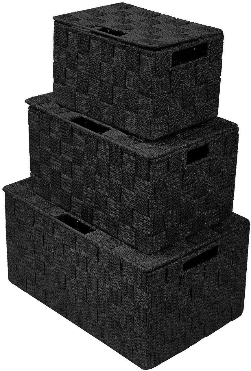Set of 3 Black Woven Storage Baskets with Lids - Mesh Hand-Woven Bins for Closet, Shelf, and Linen Organization
Set of 3 Black Woven Storage Baskets with Lids - Mesh Hand-Woven Bins for Closet, Shelf, and Linen Organization