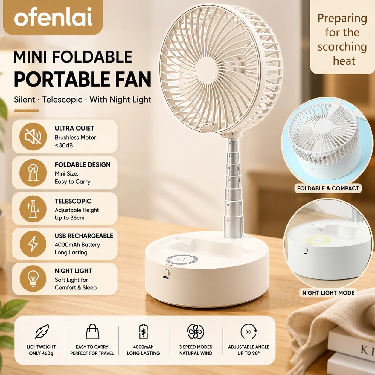 OFENLAI Foldable Portable Fan with Night Light 7200mAh USB Rechargeable Silent Mini Fan for Bedroom Office Travel
OFENLAI Foldable Portable Fan with Night Light 7200mAh USB Rechargeable Silent Mini Fan for Bedroom Office Travel
