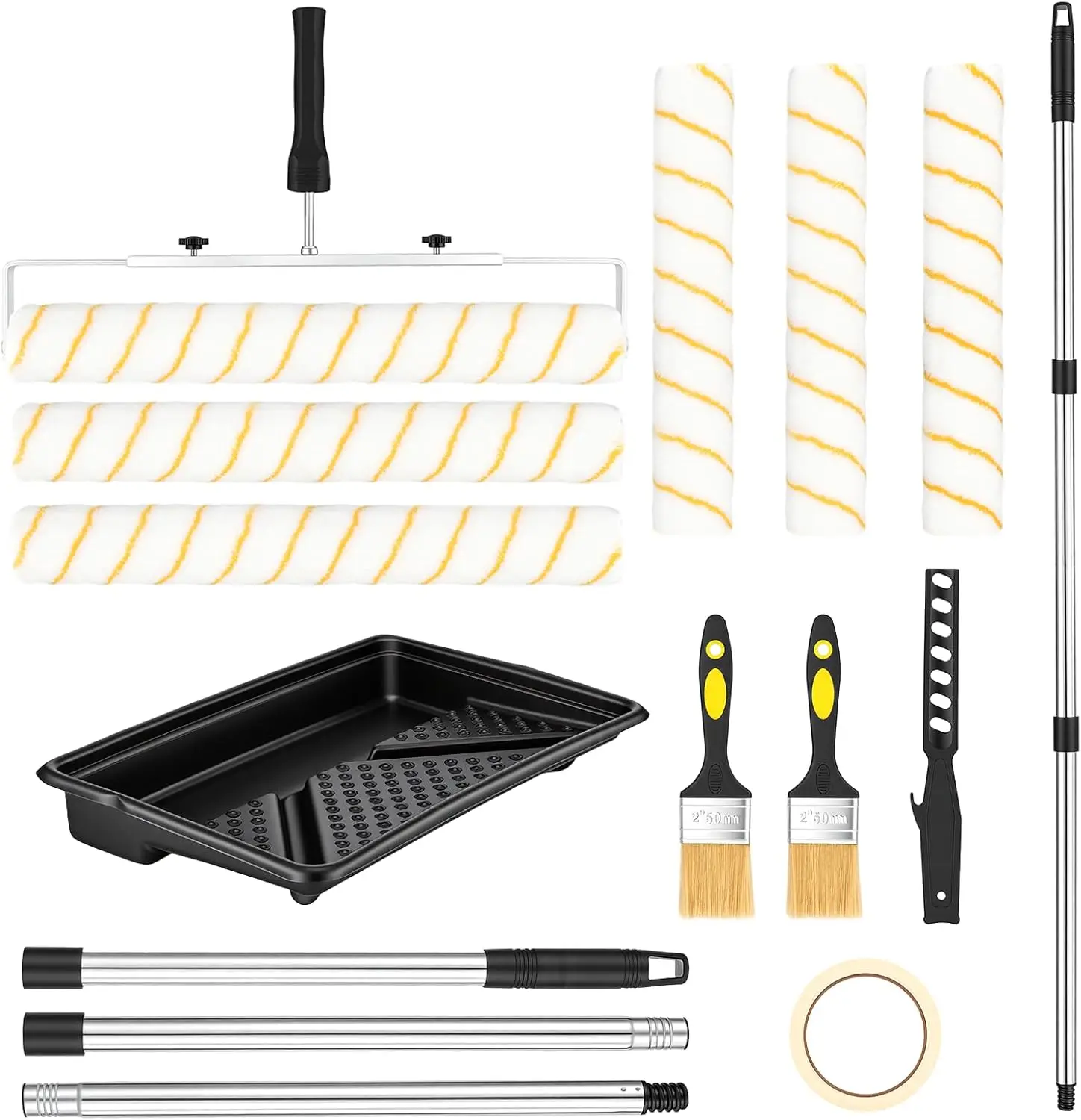 Paint Roller Kit with 6ft Extension Pole, 12" & 18" Rollers for Walls and Ceilings, Includes Brushes, Tray, and Tape
Paint Roller Kit with 6ft Extension Pole, 12" & 18" Rollers for Walls and Ceilings, Includes Brushes, Tray, and Tape