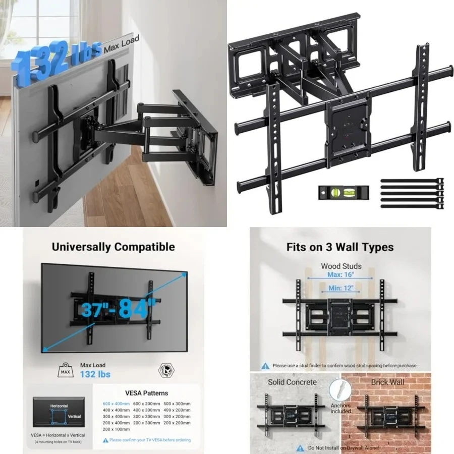 Full Motion TV Wall Mount for Most 37-84 Inch TVs up to 132lbs, Wall Mount TV Bracket Articulating Swivel Tilt Extension Leveling Max VESA 600x400mm Fits 12/16" Wood Stud
Full Motion TV Wall Mount for Most 37-84 Inch TVs up to 132lbs, Wall Mount TV Bracket Articulating Swivel Tilt Extension Leveling Max VESA 600x400mm Fits 12/16" Wood Stud