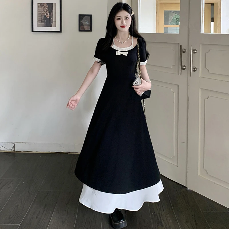 Women Chiffon Dresses Summer Female Square Collar Short Sleeve Large Size 3XL Elegant A Line Black Fake Two Pieces Loose Vestido
Women Chiffon Dresses Summer Female Square Collar Short Sleeve Large Size 3XL Elegant A Line Black Fake Two Pieces Loose Vestido