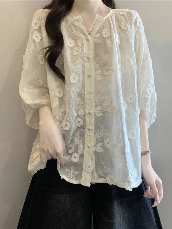 3D Floral Short Sleeve Doll Shirt Women's Summer New Style plus Size Seven Sleeve Baby Doll Top Korean Loose Fit Lace Shirt
3D Floral Short Sleeve Doll Shirt Women's Summer New Style plus Size Seven Sleeve Baby Doll Top Korean Loose Fit Lace Shirt