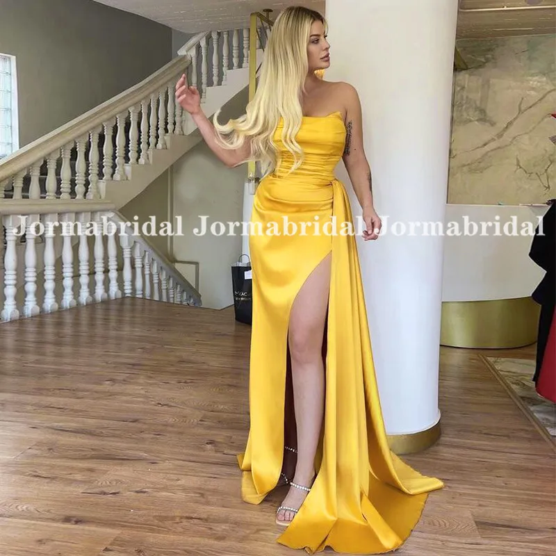 Gold Yellow Mermaid Evening Dress Baby Blue Strapless Satin Sexy Prom Dresses with High Side Split Dubai Celebrity Party Gowns
Gold Yellow Mermaid Evening Dress Baby Blue Strapless Satin Sexy Prom Dresses with High Side Split Dubai Celebrity Party Gowns