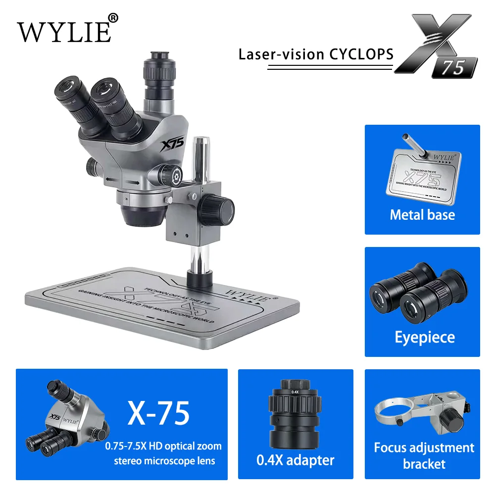 WYLIE X75 Trinocular Stereo Microscope 0.75-7.5X Continuous Zoom 0.4X Adapter LED Ring Light For Phone PCB Soldering Repair
WYLIE X75 Trinocular Stereo Microscope 0.75-7.5X Continuous Zoom 0.4X Adapter LED Ring Light For Phone PCB Soldering Repair