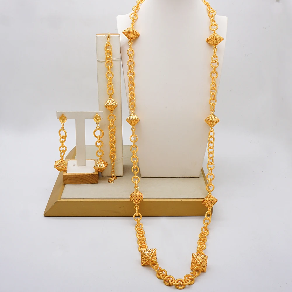 24k golden-plated long chain necklace earring set for women's jewelry in Nigeria
24k golden-plated long chain necklace earring set for women's jewelry in Nigeria