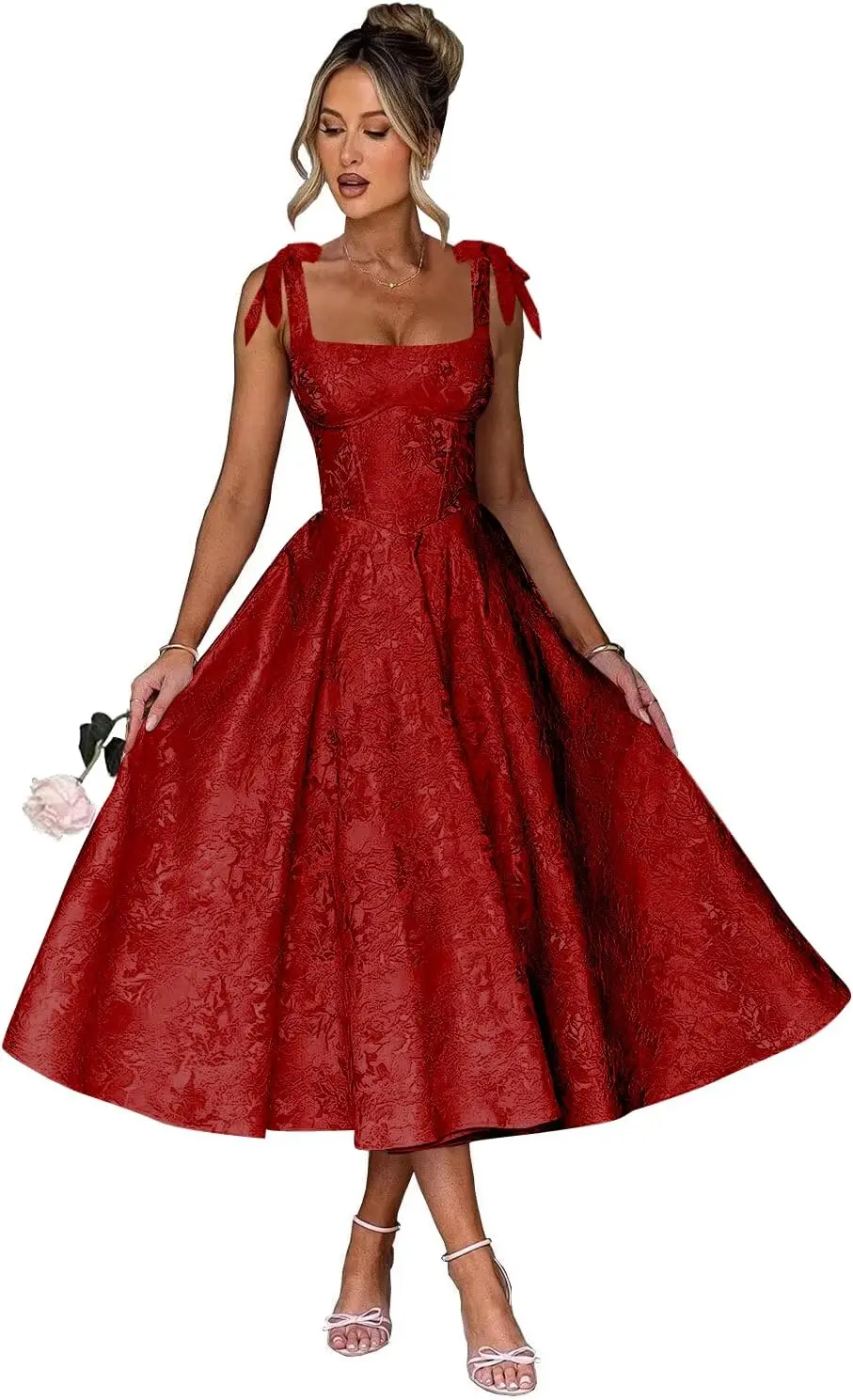 Party Dresses Women's Midi Bridesmaid Dresses Jacquard Satin with Bow Spaghetti Straps Square Neck Formal Wedding Guest Dress
Party Dresses Women's Midi Bridesmaid Dresses Jacquard Satin with Bow Spaghetti Straps Square Neck Formal Wedding Guest Dress
