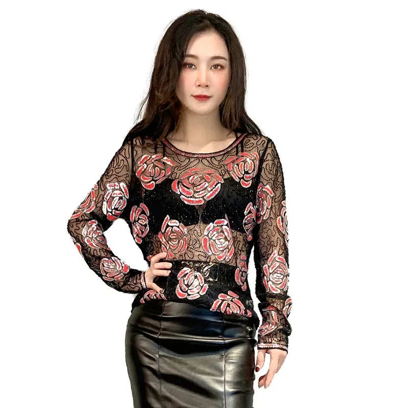 Rose Flower Bead Sequins Shirts Women Elegant Fashion Pullovers Long Sleeve Round Neck Women's Sequined Top
Rose Flower Bead Sequins Shirts Women Elegant Fashion Pullovers Long Sleeve Round Neck Women's Sequined Top
